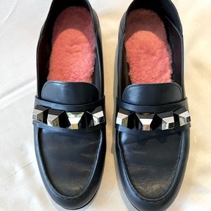 FENDI - Navy leather loafers, studded, collapsable back. Pink fur inner sole.